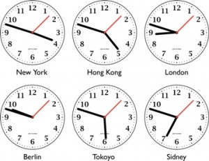 Six different clock showing time around the world